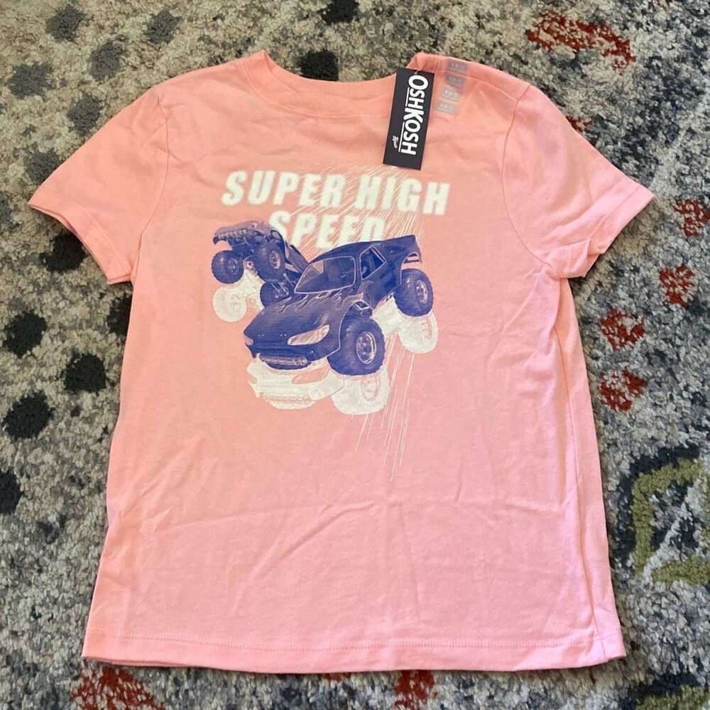 OshKosh Kids Graphic T-Shirt Size S Pink “Super High Speed” Monster Truck NWT